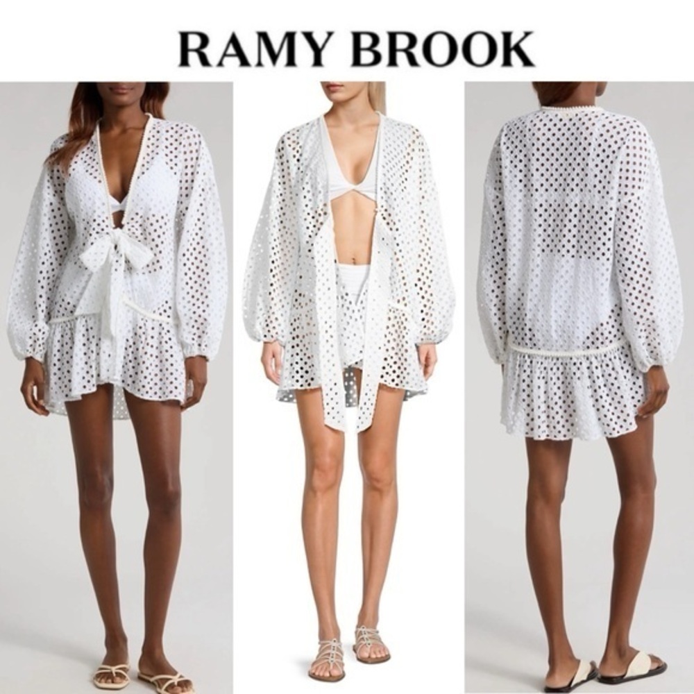Ramy Brook Caya Eyelet Tie Front Cover-Up Minidress White Eyelet Kimono XS NWT